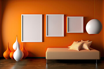 Empty frames hanging on orange wall in stylish room. Mockup for design. Generative AI