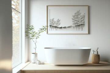 Fototapeta na wymiar Blurred background, japandi minimalist bathroom. Bathtub and wooden washbasin. Panoramic view, wall mockup. Farmhouse interior design, 3d illustration. Generative AI