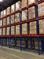Pallets of boxes of paper towels stacked in distribution center.