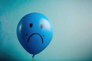 Stock image shows a blue balloon with a drawn on sad face against a blue backdrop. Blue Monday theory. Generative AI