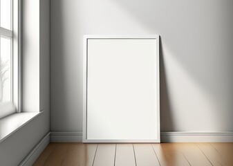 Interior white frame poster mockup with vertical blank sheet and white background of wood floor scene for creative concept, Display your pamphlets, fliers, and headlines. Generative AI