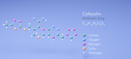 cefazolin molecule, molecular structures, cefazoline, 3d model, Structural Chemical Formula and Atoms with Color Coding