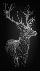 a drawing of a deer with no antlers on it's head and branches on its back, standing in the snow, with a complete black background. Generative AI