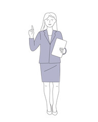 A woman in a formal suit will explain, show, teach. A business person, a teacher makes a presentation. Vector line graphics.