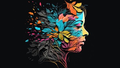 Fototapeta na wymiar Floral girl vector Illustration on black background