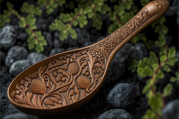 Carved wooden spoon in the traditional scandinavian style, concept of Handcrafted and Functional, created with Generative AI technology