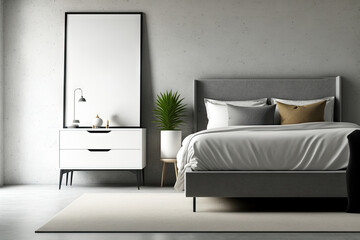 Stylish bedroom interior bed and drawer with decoration, side view carpet on grey concrete floor. Sleeping corner with shelf and stool. Mockup copy space wall. Generative AI