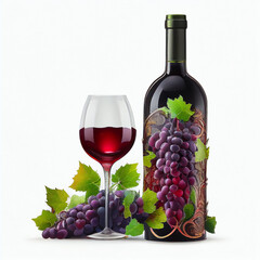 Obraz na płótnie Canvas Bottle of wine and ripe bunch of grapes isolated on white close-up, winemaking, wine production, for advertising, banner, signboard, printing on packaging, appetizing unusual grapes