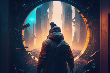 Man staying near the giant mystic ring. Man in the dystopian city standing on building looking at the distant light circles, Digital art style, illustration painting