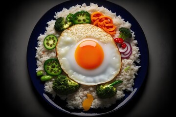 Fried egg with pickled vegetables and rice, concept of Soy Sauce and Stir-Fry, created with Generative AI technology