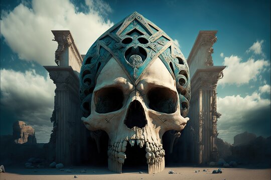 Giant skull as a temple in a decert, concept of Mysticism and Ruins, created with Generative AI technology