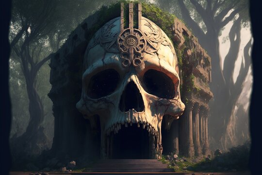 Giant skull as a temple in a decert, concept of Mysticism and Ruins, created with Generative AI technology