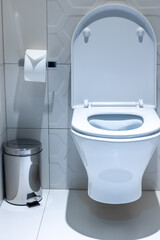 Toilet bowl in a white toilet. Toilet accessories near the toilet