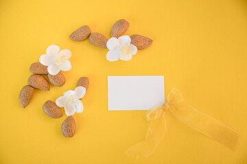 Fototapeta na wymiar Happy Easter. Minimal composition made with almond blossom and almonds on yellow background with space for text. Greeting card concept for spring, easter, mother's day festive moments.