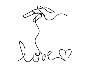 Calligraphic inscription of word "love" and hand as continuous line drawing on white background
