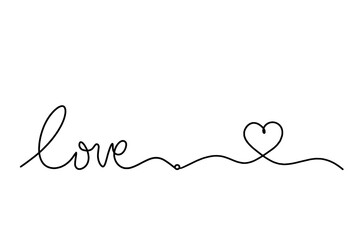 Calligraphic inscription of word "love" and heart as continuous line drawing on white background