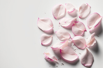 Fototapeta na wymiar white backdrop with pink rose petals. Generative AI