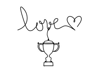 Calligraphic inscription of word "love" and trophy as continuous line drawing on white background