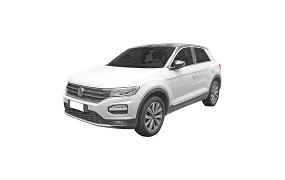 FRONT view of white car isolated on white, VOLKSWAGEN t-roc png transparent background 3d rendering	