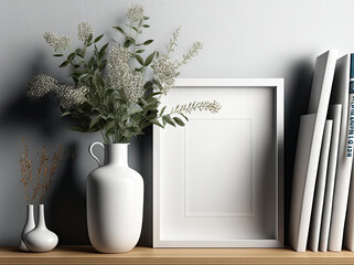 Background of mock up poster frame on wall with flower in white vase on wooden shelf with frame and book. Generative AI