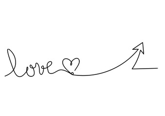 Calligraphic inscription of word "love" and direction as continuous line drawing on white background
