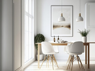 White chairs at wooden table in minimalist white dining room interior with empty poster. Generative AI