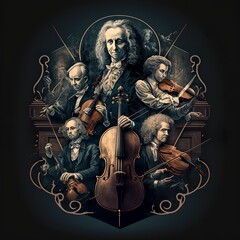 orchestra,classical,cello,trumpet,fflute,guitar,conductor,symphonic, beethoven, mozart, instrumental music opera black background baroque musicians artists group photo representation Generative AI - obrazy, fototapety, plakaty
