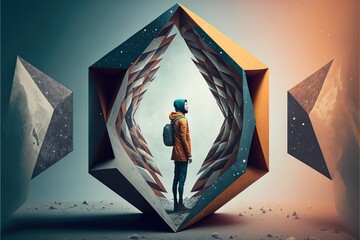 Person in euclidean space, concept of Euclidean Geometry and Cartesian Coordinates, created with Generative AI technology - obrazy, fototapety, plakaty