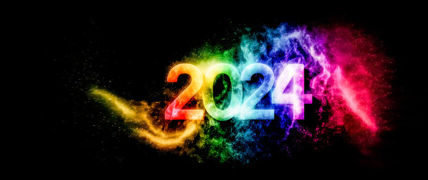  New year 2024 rainbow colorful bright lights on a black banner poster. Happy New Year party countdown celebration. Generative ai image.