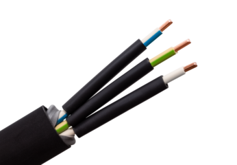 Electrical wire with thermal insulation on a white background. IEC color code. Cross-section with cable sheath, white, blue and green-yellow with flexible, copper wire. isolated object