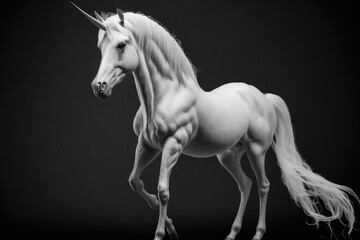 White unicorn in a mythical pose isolated on a dark background with a clipping path. Generative AI