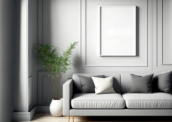 mock up poster frame in gray modern interior background, living room, Scandinavian style, , 3D illustration. Generative AI