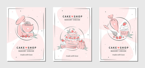 Cake shop logo. Set of design sample for pastry and bread shop, cooking, dessert, sweet products. Vector illustration for poster A4, banner, menu, advertising.