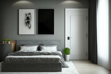 bedroom with a modern design with gray and white colors. With a sliding wardrobe and a mock up poster on the wall, the master bedroom. Generative AI