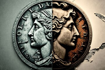 Two sides of a coin, concept of Duality and Balance, created with Generative AI technology - obrazy, fototapety, plakaty