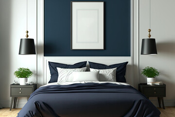 Modern contemporary navy blue bedding in bedroom interior with poster frame on wall mockup and specious furniture design, , 3d illustration. Generative AI