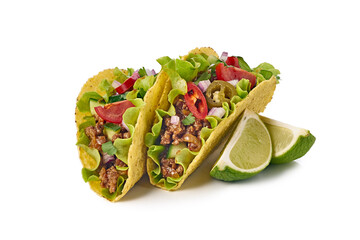 Two tacos with ground beef and lime on white background