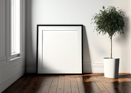 Mockup of a square black frame leaning in a white interior with a hardwood floor. Generative AI