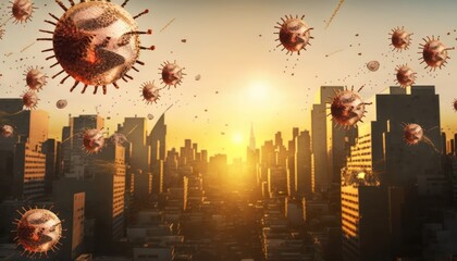 Coronaviruses floating over a city.  generative AI	