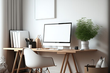 Scandinavian and comfortable home working room interior with computer white screen mockup and decor on wood table, wood shelf, comfy carpet, white wall and home decor. , 3d illustration. Generative AI