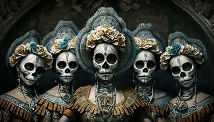 Dia de los muertos, Mexican holiday of the dead and halloween. Five women with sugar skull make up and flowers.  generative AI