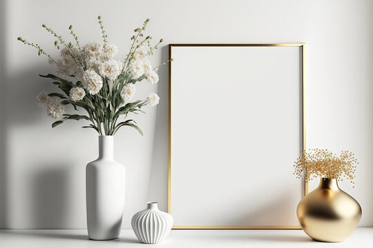 Mockup of a blank canvas frame. interior design using artwork. Observation of a contemporary Scandinavian interior with a canvas for a painting or poster on the wall. Vase filled console in the living