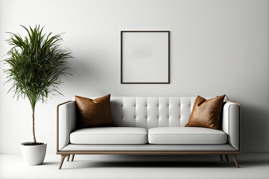 a living room with a leather sofa and pillows, a white wall with a blank poster,. Generative AI