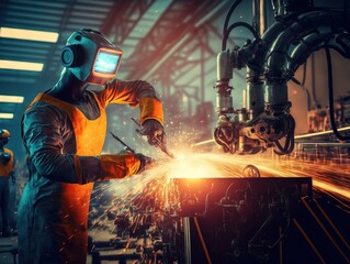 Fototapeta na wymiar Robotic industrial welders at a manufacturing production line. Generative AI