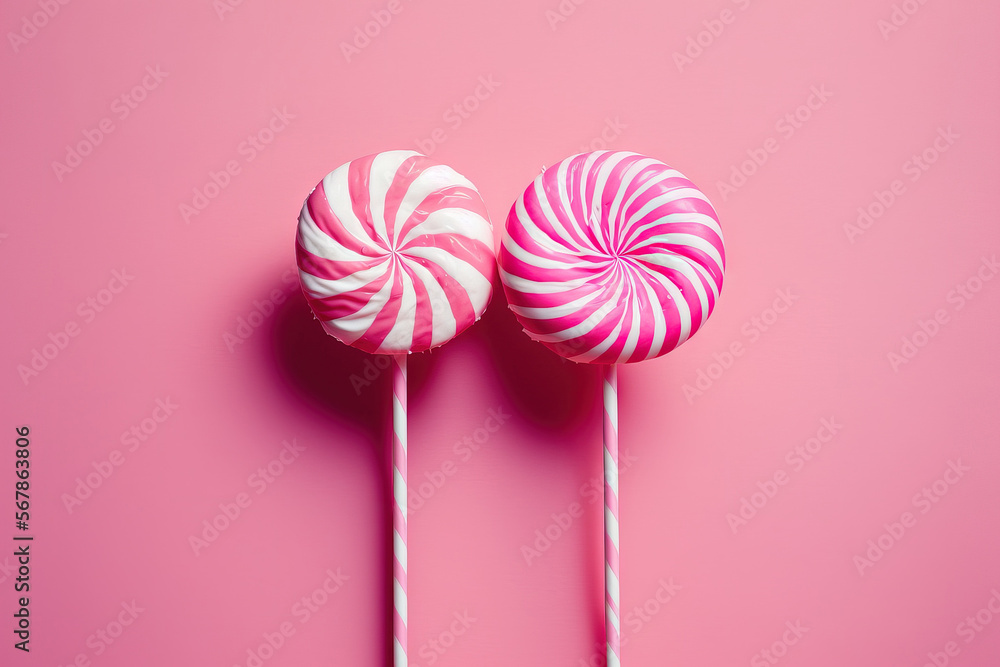 Poster Two cute pink and white striped lollipops on a stick are displayed against a hot pink background. Generative AI