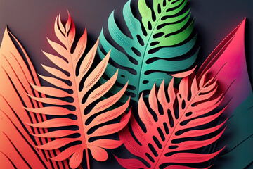 Multicolored tropical leaves from colored paper, neon tropics background. AI