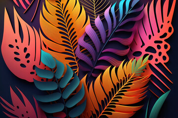 Fototapeta na wymiar Multicolored tropical leaves from colored paper, neon tropics background. AI