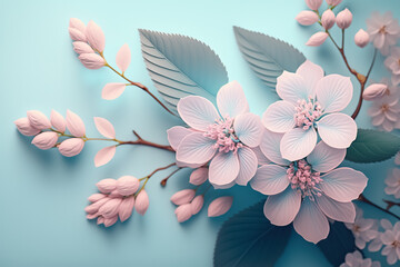 Soft and gentle pink flowers on pastel blue background, flat lay, Generative Ai