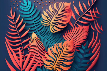 Multicolored tropical leaves from colored paper, neon tropics background. AI