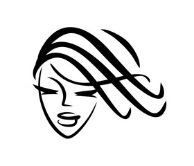 Hair cut logo. Hairstyle barbershop icon. The face of a beautiful lady. Curls woman.
